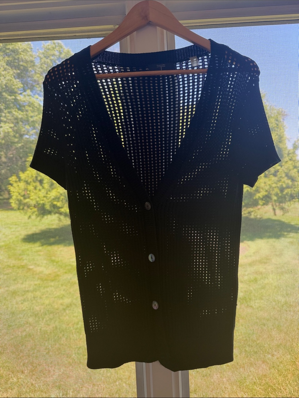 T Tahari Black V-Neck Open-Weave Short Sleeve Cardigan Size XS